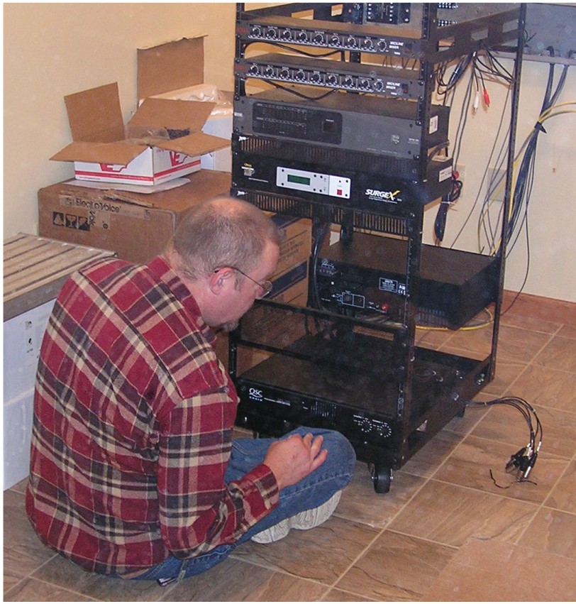 Installing audio equipment rack at St. Jakobi Lutheran Church Shawano, WI
